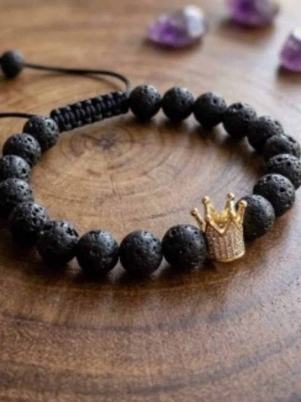 NWOT UNISEX LUXURY BLACK LAVA ROCK CROWN CHARM BRACELET – ADJUSTABLE - Picture 2 of 7